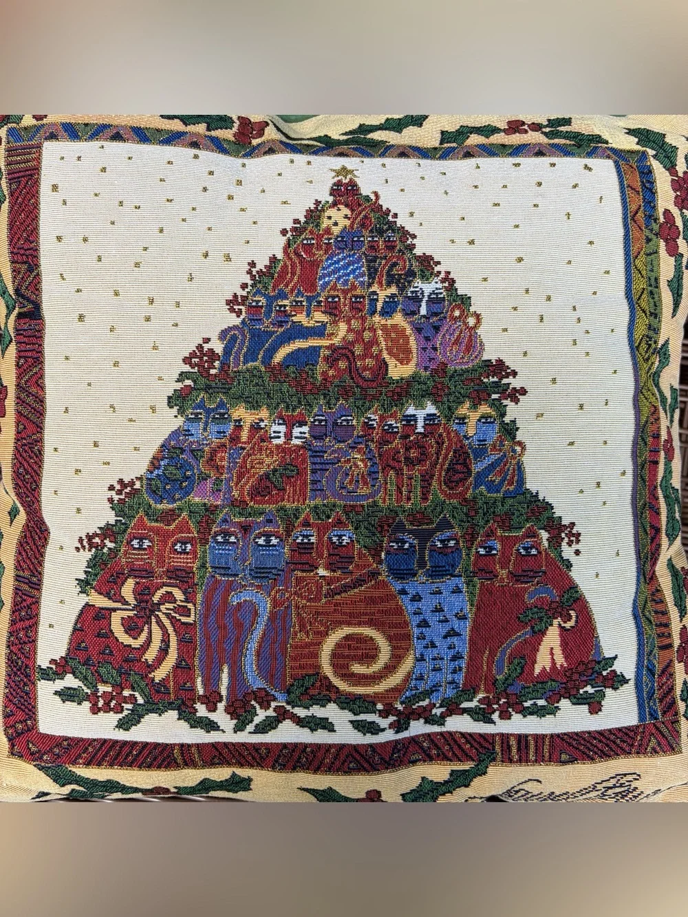 Laurel Burch Tapestry Throw Pillow 17.5” Decor Christmas Tree HOLLY CAT 2006